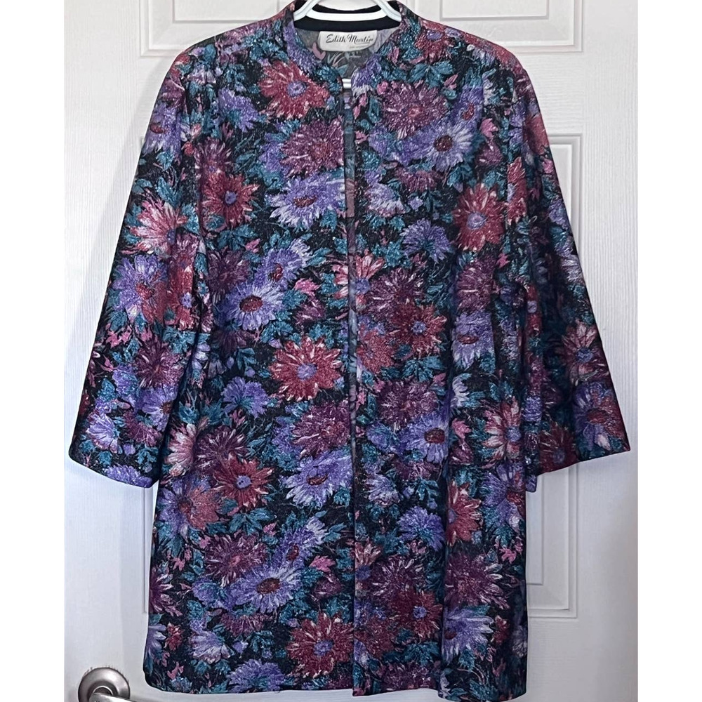 Edith Martin California Women's Vintage Floral Metallic Cover Up 3/4 Sleeve